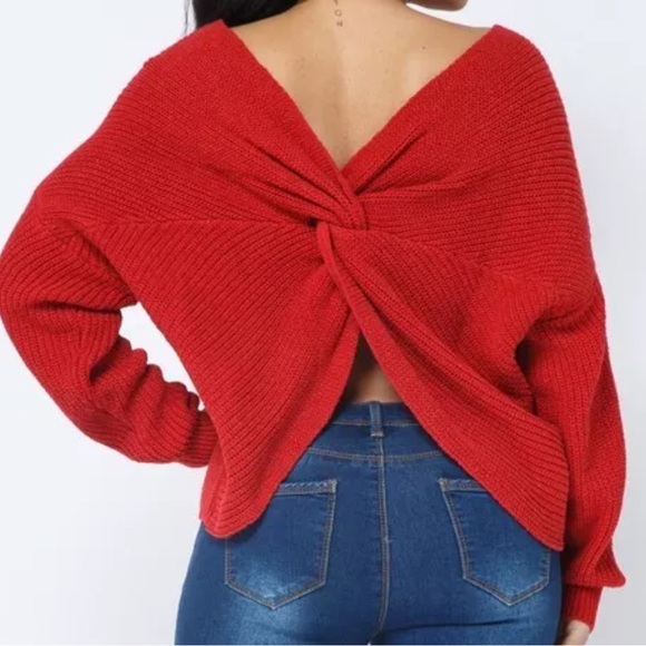 Sexy Red Twist Open Back Loose Fit V Neck Cozy Knit Sweater Size Medium - Picture 2 of 13